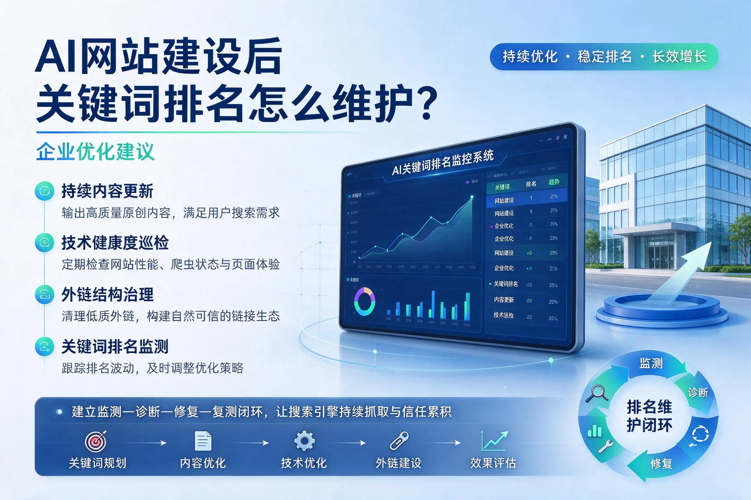 AI网站建设后关键词排名怎么维护?锦州企业优化建议