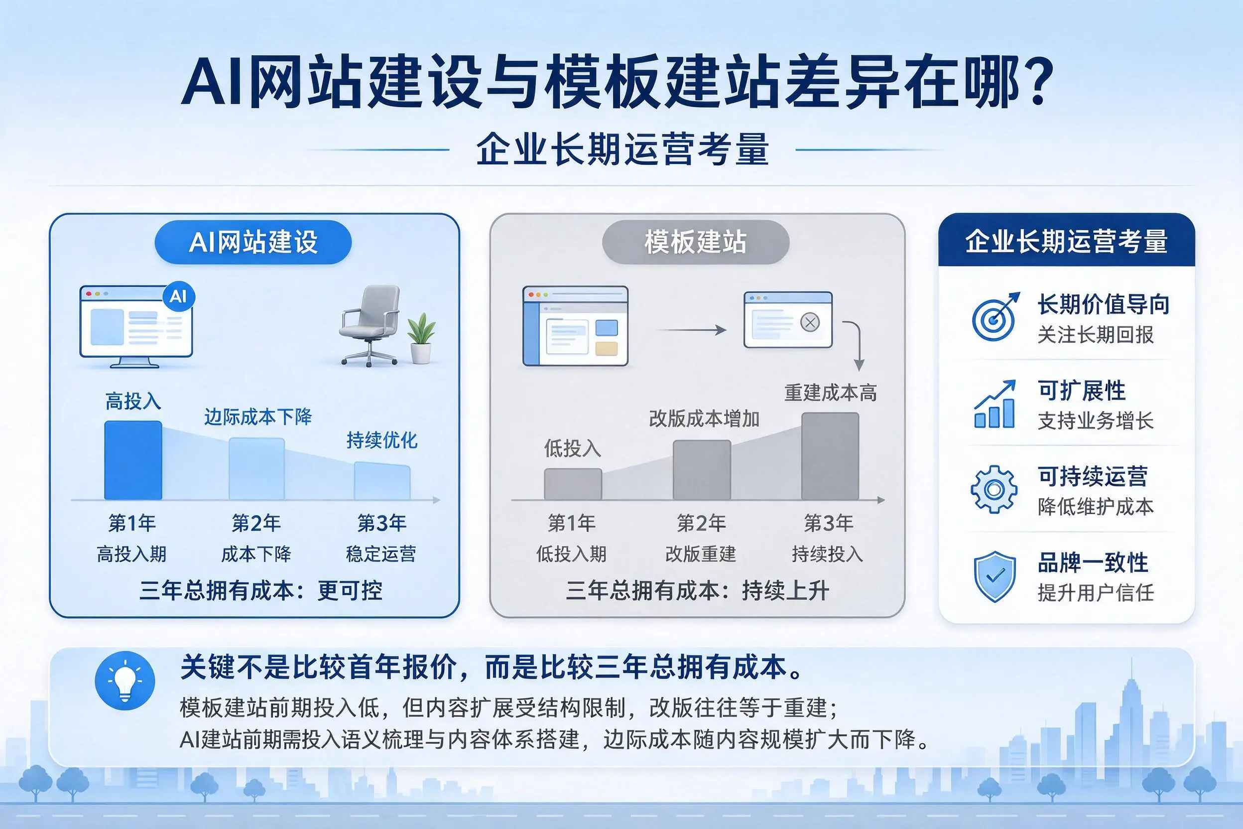 AI网站建设与模板建站差异在哪？锦州企业长期运营考量