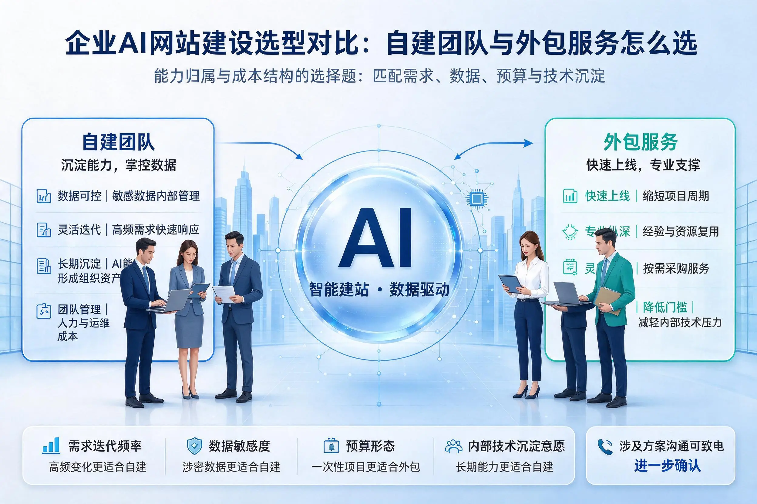 锦州企业AI网站建设选型对比：自建团队与外包服务怎么选